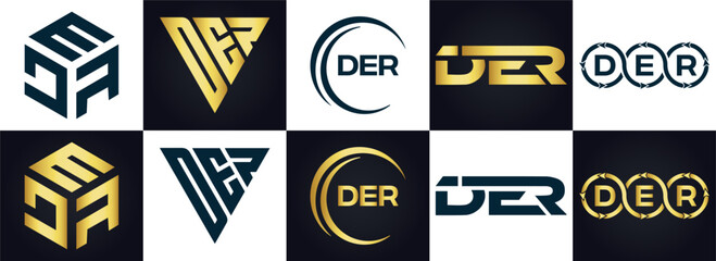 DER logo. D E R design. White DER letter. DER, D E R letter logo design. D E R letter logo design in FIVE, FOUR, THREE, style. letter logo set in one artboard. D E R letter logo vector design.