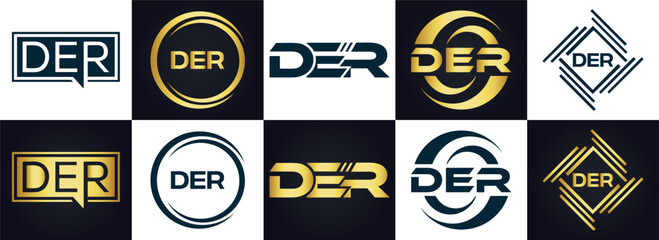 DER logo. D E R design. White DER letter. DER, D E R letter logo design. D E R letter logo design in FIVE, FOUR, THREE, style. letter logo set in one artboard. D E R letter logo vector design.