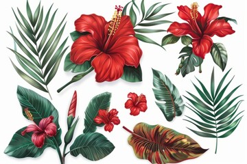 Tropical Red Hibiscus Flowers and Lush Green Leaves on White Background - Vibrant Botanical Illustration