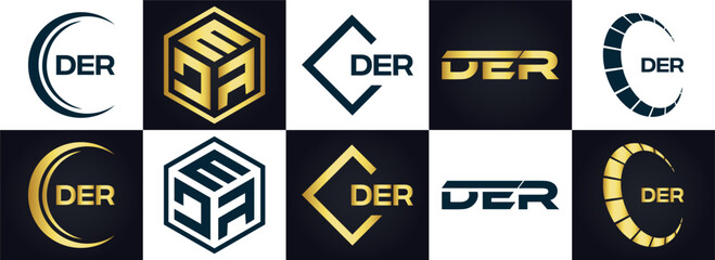 DER logo. D E R design. White DER letter. DER, D E R letter logo design. D E R letter logo design in FIVE, FOUR, THREE, style. letter logo set in one artboard. D E R letter logo vector design.