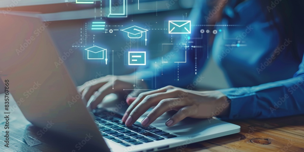 Poster a person is typing on a laptop with digital icons overlay, focusing on technology, remote learning, 