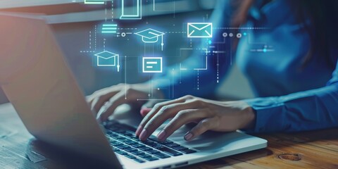 A person is typing on a laptop with digital icons overlay, focusing on technology, remote learning, online education, and communication tools for virtual learning and digital communication