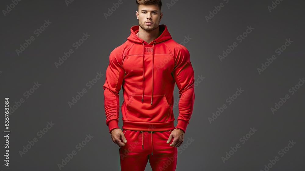 Wall mural Male fitness model in a stylish red hoodie with matching joggers, isolated on a charcoal gray background - Wall murals