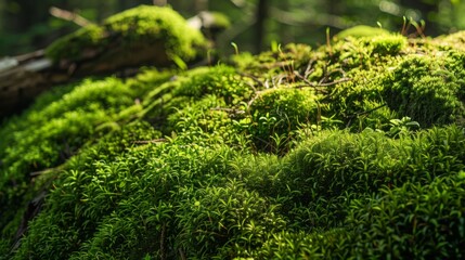 A lush green mossy forest floor with sunlight shining on it