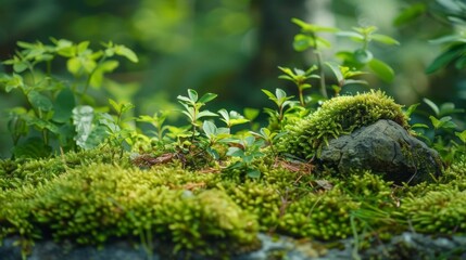 A lush green moss covered rock sits in a forest