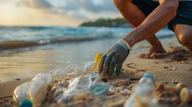 Man wearing gloves removes plastic trash from seaside. Plastic trash on sand is from pollution. Volunteers aim to fix the problem.