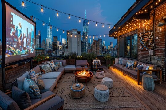 Summer movie night banner image of a rooftop movie night in a city, with comfortable seating, string lights, and a panoramic view of the skyline