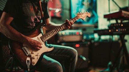 Fototapeta premium A man is playing a guitar in a studio