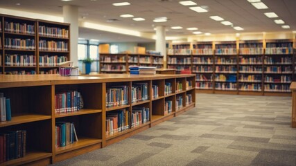 background blur school or campus library withbook shelves.