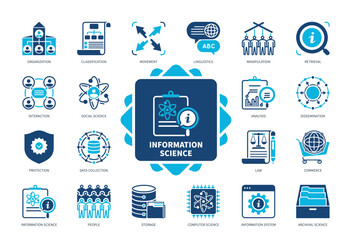 Information Science icon set. Classification, Organization, Linguistic, Movement, Dissemination, Law, Storage, Interaction. Duotone color solid icons