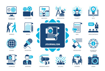 Journalism icon set. Paparazzi, News, Reportage, Broadcasting, Interview, Mass Media, Influence, Freedom of Speech. Duotone color solid icons