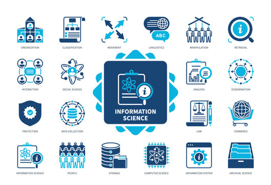 Information Science icon set. Classification, Organization, Linguistic, Movement, Dissemination, Law, Storage, Interaction. Duotone color solid icons