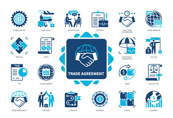 Trade Agreement icon set. Contract, Trade Barriers, regulation, Tax, Tariff, Partners, Globalization, Success. Duotone color solid icons