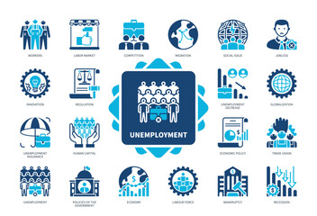 Unemployment icon set. Jobless, Globalization, Bankruptcy, Regulation, Labor Market, Economy, Workers, Human Capital. Duotone color solid icons