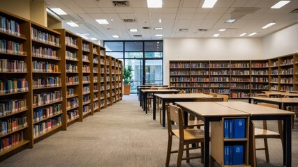 background blur school or campus library withbook shelves.