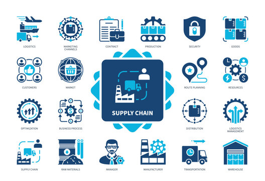 Supply Chain icon set. Contract, Security, Manufacturer, Transportation, Logistics, Raw Materials, Resources, Customers. Duotone color solid icons