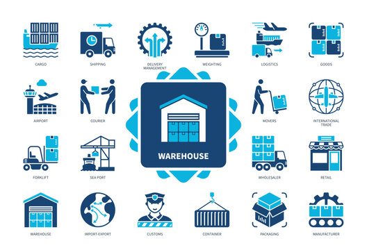 Warehouse icon set. Forklift, Wholesaler, Customs, Packaging, Logistics, Shipping, Manufacturing, Goods. Duotone color solid icons
