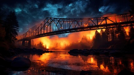 Photograph of a bridge under a starry night sky, with flames licking at its base and smoke obscuring the stars. 