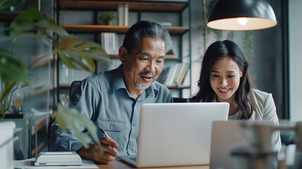japanese, thai father and an adult daughter work together at a laptop, family business. Mature chinese boss manager mentor helping Asian young hired woman employer