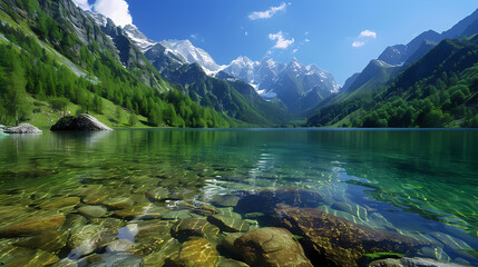 A pristine lake surrounded by snow-capped peaks.