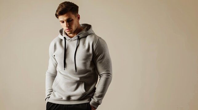 Male fitness model in a trendy gray hoodie with black joggers, isolated on an ivory background