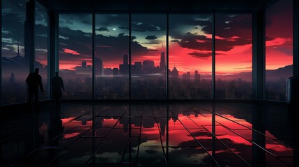 Inside a modern skyscraper at night, the businessman stands by a large window, looking at his reflection which shows a demon face instead of his own. Painting Illustration style, Minimal and Simple,