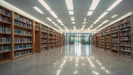 background blur school or campus library withbook shelves.