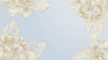 Hydrangeas floral, luxury botanical on light blue background vector, empty space in the middle to leave room for text or logo, gold line wallpaper, leaves, flower, foliage, hand drawn