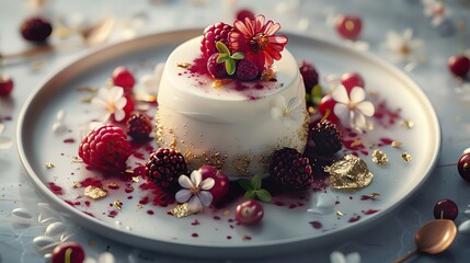 Top-down shot of a refined dessert, intricately decorated with edible flowers and gold leaf, rich chocolate, and berry accents, plated on elegant porcelain, CG 3D rendering