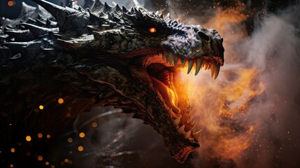 Naklejka premium Photograph of a dragon breathing fire in a watercolor style, creating a soft, dreamlike image of the mythical creature 