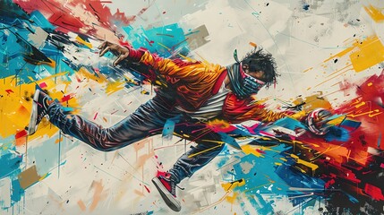 Obraz premium Worms-eye view of a vibrant urban mural, with bold street art showing a dynamic breakdancer, photorealistic style with rich colors and fine details, modern cityscape background