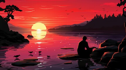 On a serene, alien beach, the businessman examines strange, glowing shells that contain traces of demonic energy. Painting Illustration style, Minimal and Simple,