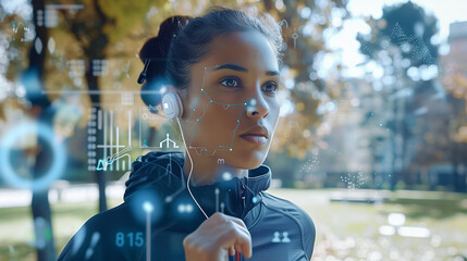 A woman wearing a black jacket and headphones is running in a park