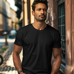 full body view of fit man wearing black T-shirt mockup