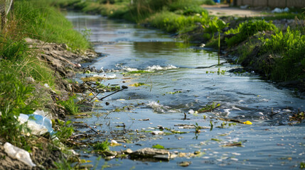 Wastewater from pipes flows into water bodies, polluting the environment.