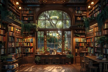 Obraz premium Cozy vintage library with wooden bookshelves, lush green plants, large arched window, and serene sunlight creating a peaceful reading nook in a classic literary ambiancelibrary