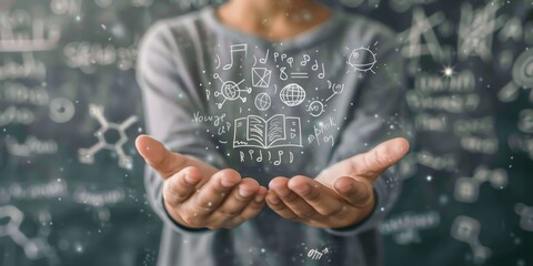 A creative digital illustration shows hands presenting scientific symbols and a book, signifying an innovative approach to education. The scene is set against a blurred chalkboard background