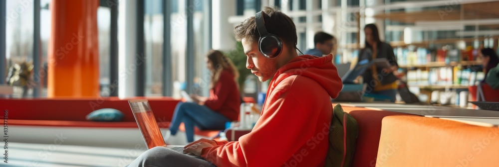 Poster a young student wearing a red hoodie is engrossed in studying at a contemporary library adorned with