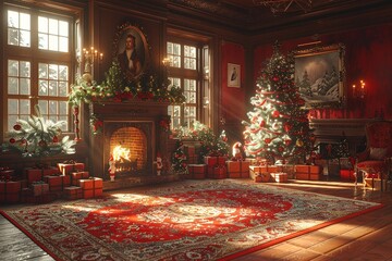 Obraz premium Elegant Vintage Living Room Decorated for Christmas with Glowing Fireplace, Lavish Christmas Tree, and Wrapped GiftsChristmas