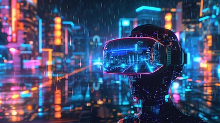 A futuristic VR headset, virtual reality headset with a holographic cityscape blur background.