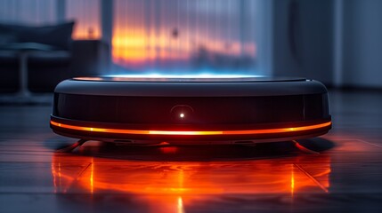 A robotic vacuum cleaner autonomously navigating a living room floor, cleaning efficiently.