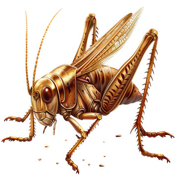 A highly detailed, artistic illustration of a golden mechanical grasshopper. Steampunk style with intricate gears and metallic parts. PNG transparent