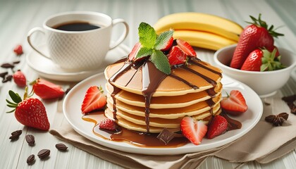 Yummy pancakes with strawberries, banana, cup of chocolate, maple syrup and coffee - Powered by Adobe