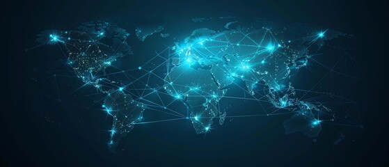 Global digital connectivity, world map illustration highlighting international network connections through bright blue lines on dark background