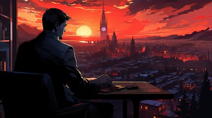 The businessman in a high-tech command center, analyzing satellite imagery and thermal scans to locate hidden demons in various environments. Painting Illustration style, Minimal and Simple,