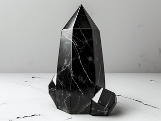 Stunning black crystal prism with streaks of white, resting on a smooth marble surface. Perfect for natural and mineral-themed designs.