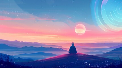 Silhouette of a person meditating on a hill with a colorful, surreal sunset and celestial sky in the background.