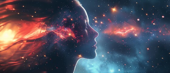 Surreal digital art of a woman's profile integrated with a galaxy, representing the connection between human mind and universe.