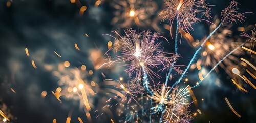 A close-up of sparkling fireworks exploding in a dark sky, with vibrant colors and trails of light fading into a soft-focus night backdrop. - Powered by Adobe