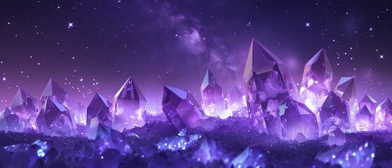 Stunning purple crystals in a mystical landscape, sparkling under the night sky, capturing the magic and beauty of nature's natural formations.